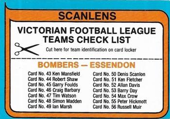 1980 Scanlens VFL #NNO Essendon Checklist Front